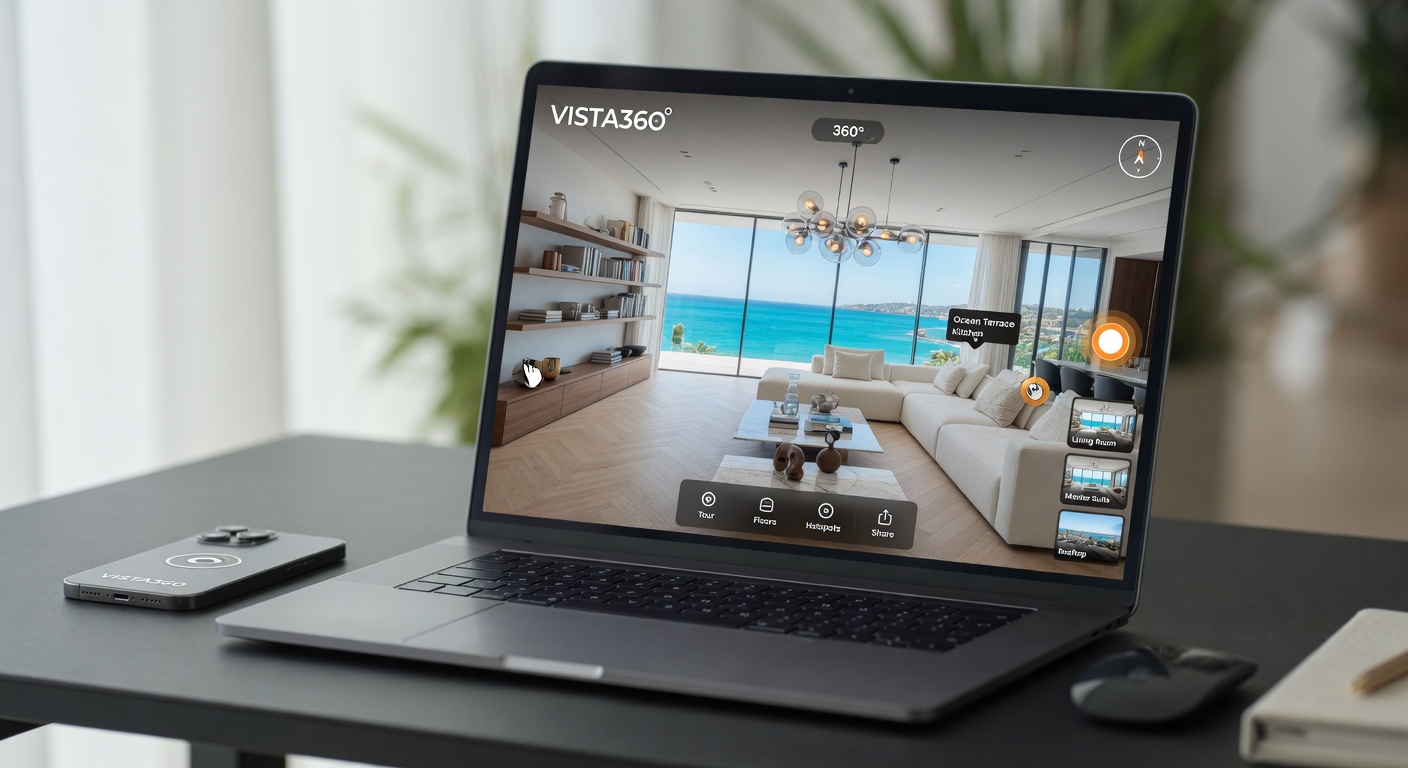 Viapano 360° virtual tour viewer on desktop showing a luxury modern villa